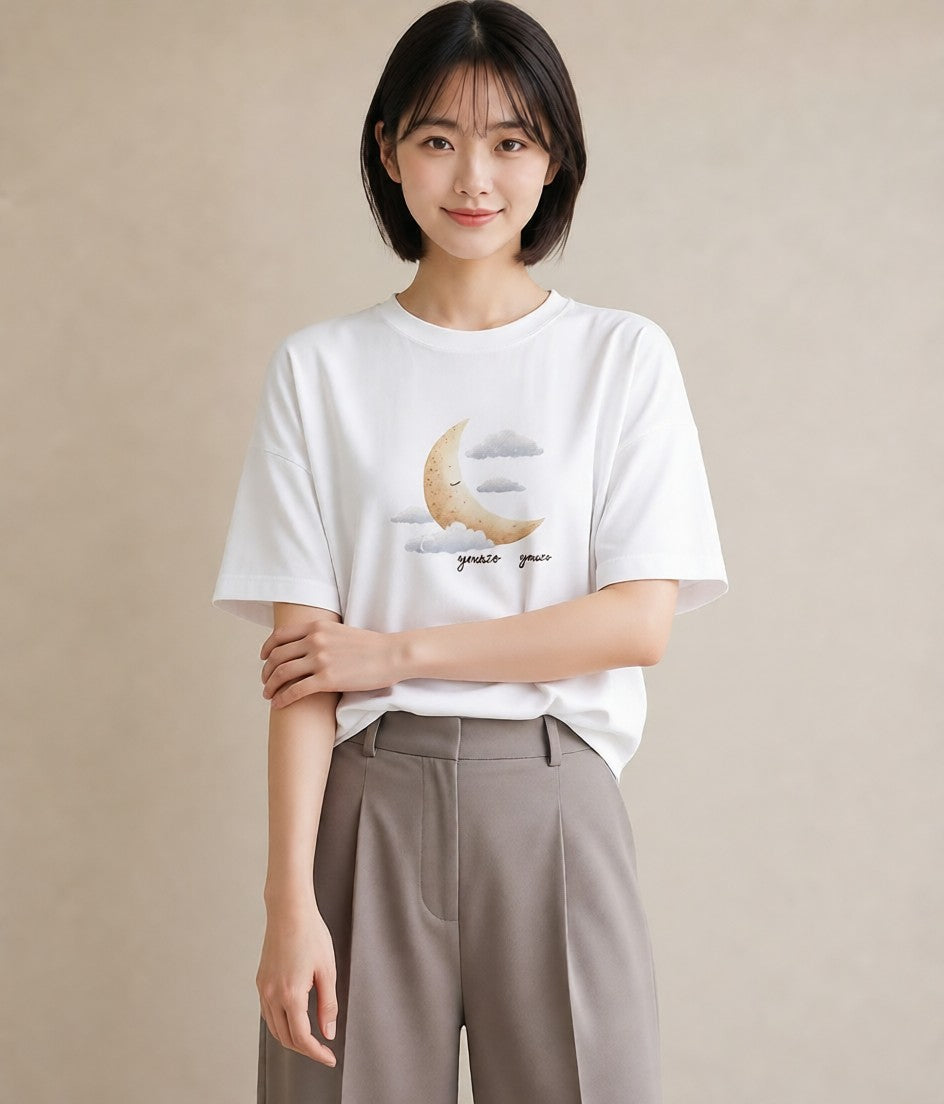半袖Tシャツ レディース 三日月 星空 宇宙 イラスト モード ビーチ デイリーウェア 白T