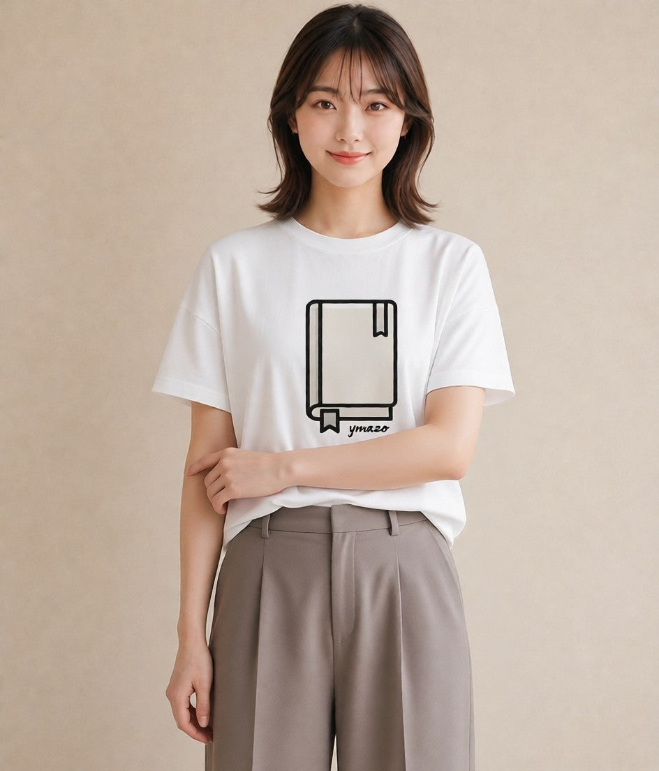 Tシャツ レディース 本 読書 ブック イラスト 線画 カフェ巡り 女子会 白T