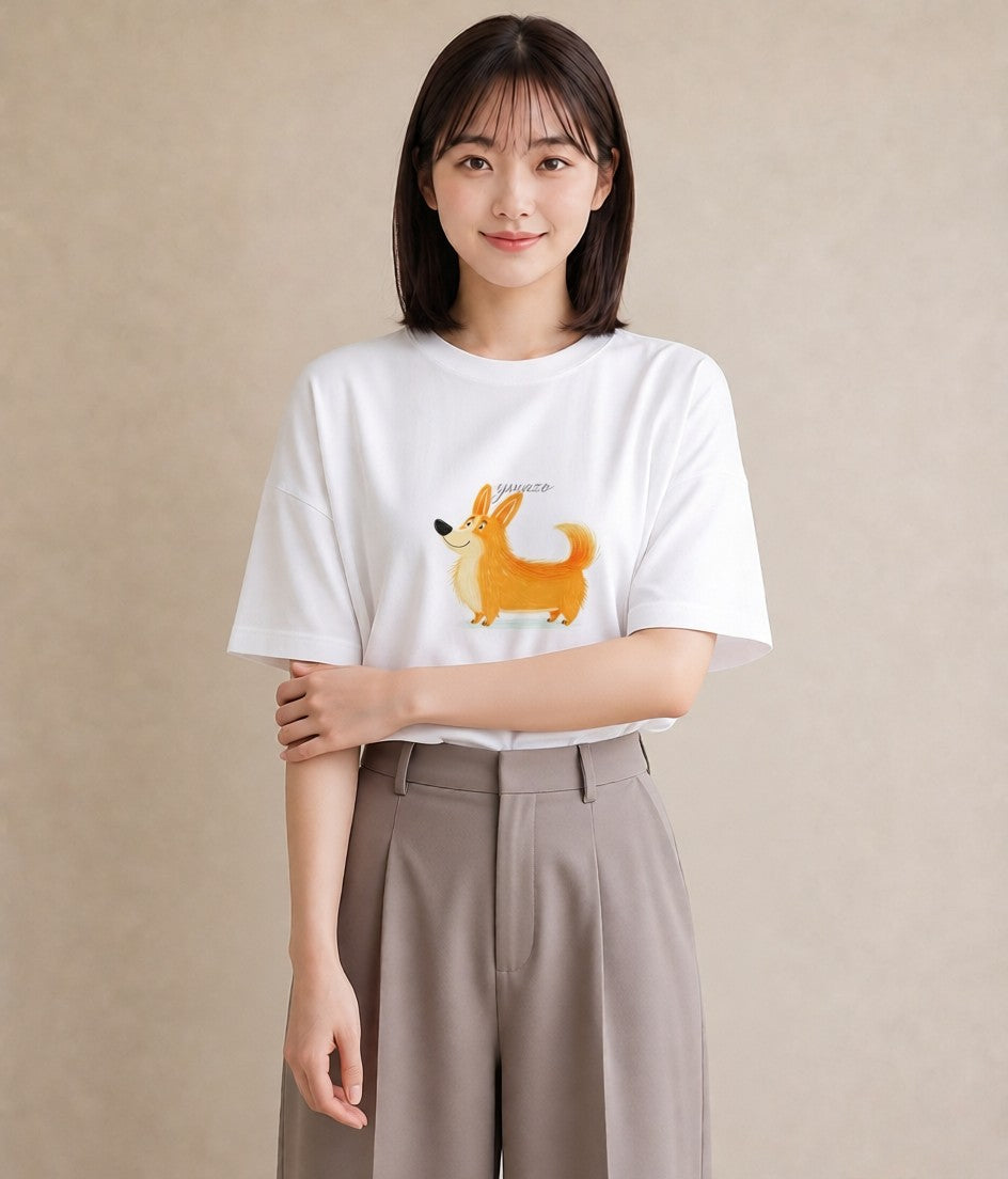 半袖Tシャツ レディース ウェルシュコーギー コーギー 犬 いぬ イラスト ガーリー デイリーウェア 休日 白T