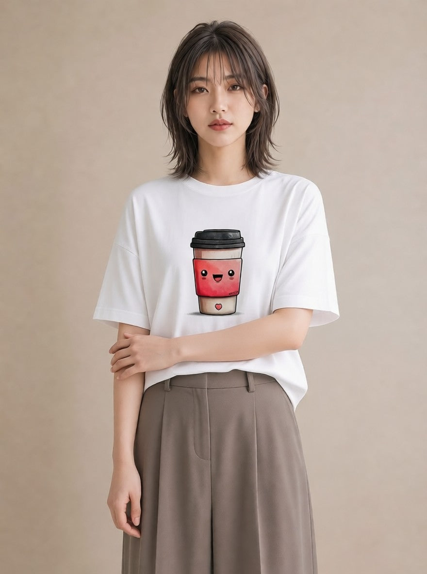 デザインTシャツ レディース カフェラテ 食べ物 フード イラスト 水彩風 親子 20代 白T