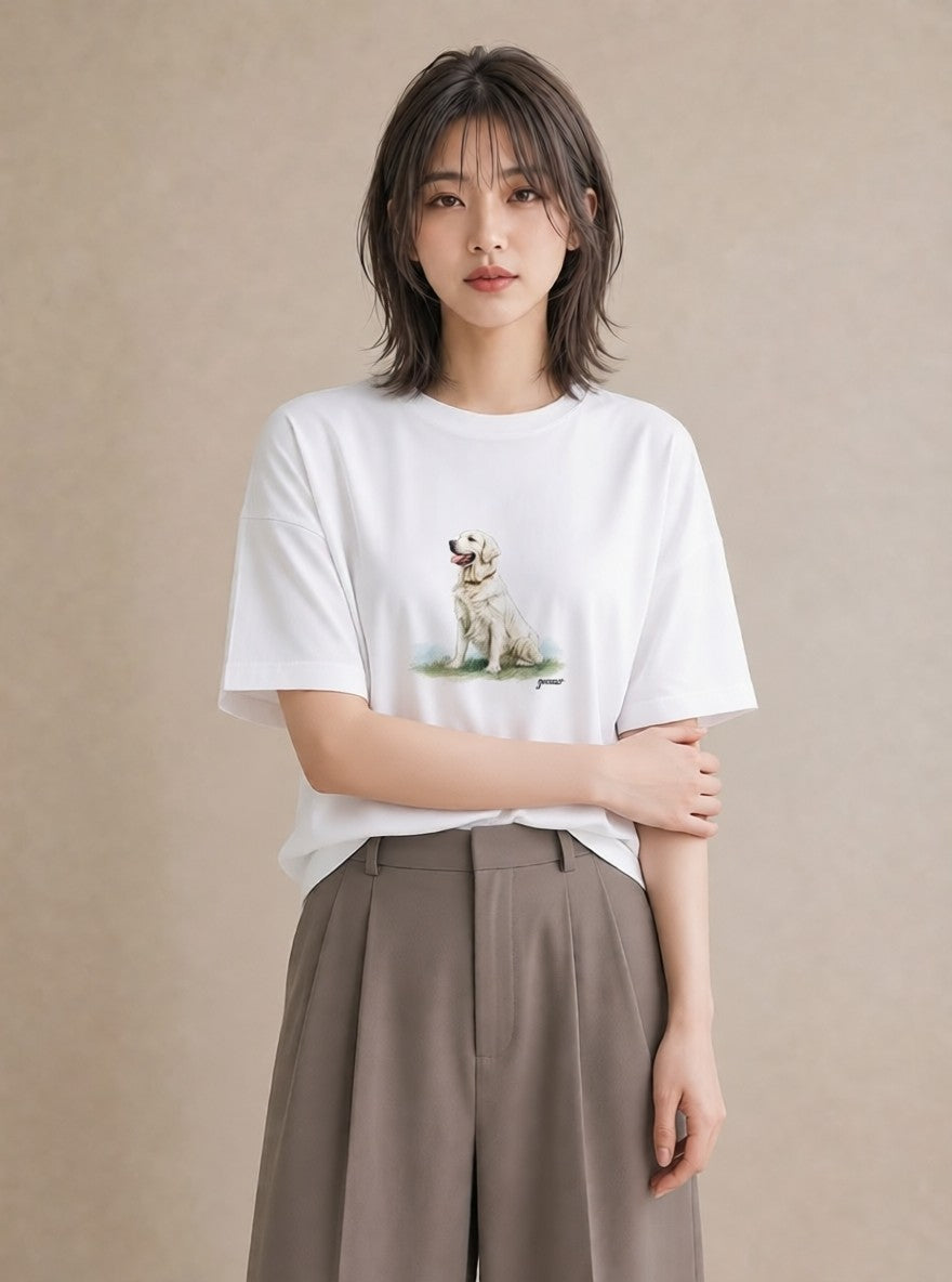 デザインTシャツ レディース ゴールデンレトリバー ゴールデン 犬 いぬ イラスト カフェコーデ レイヤード 友達ギフト 白T