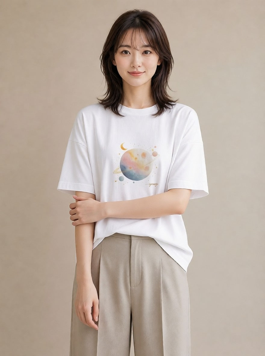 デザインTシャツ レディース 三日月 星空 宇宙 イラスト 手描き風 公園 ママ 白T