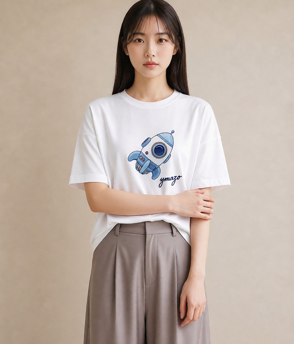 デザインTシャツ レディース ロケット 星空 宇宙 イラスト ラフカジュアル 普段着 週末コーデ 白T
