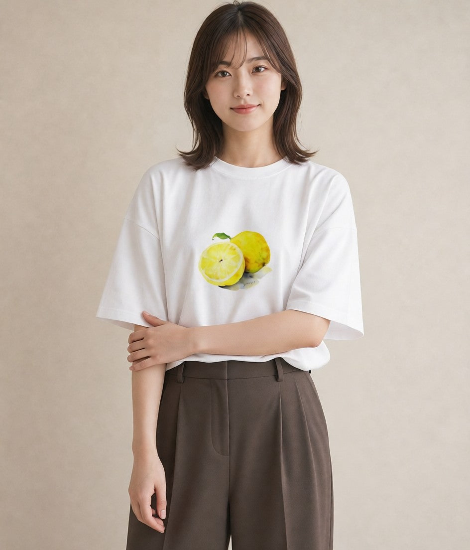デザインTシャツ レディース レモン 檸檬 食べ物 フード イラスト ミニマル お出かけ 普段着 白T