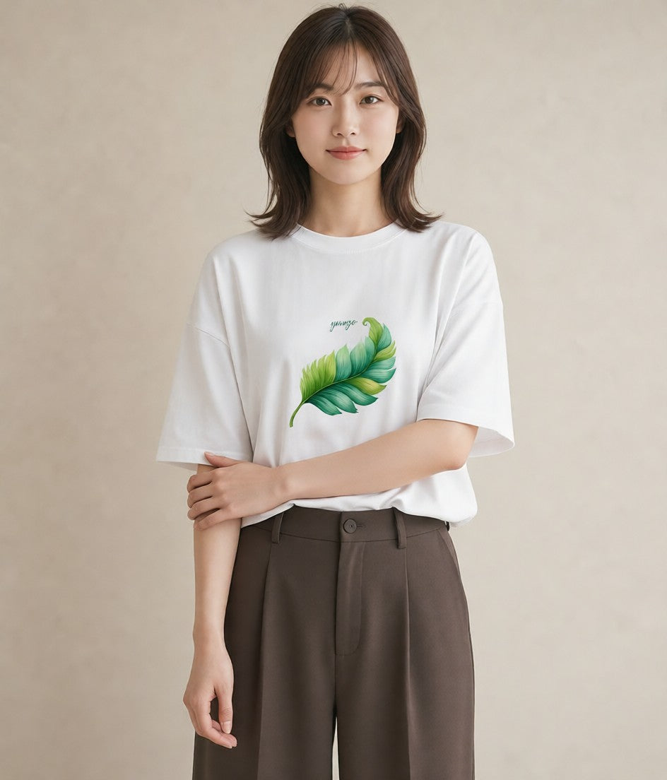 Tシャツ レディース 新緑 植物 ボタニカル イラスト アート風 春コーデ 姉妹 白T