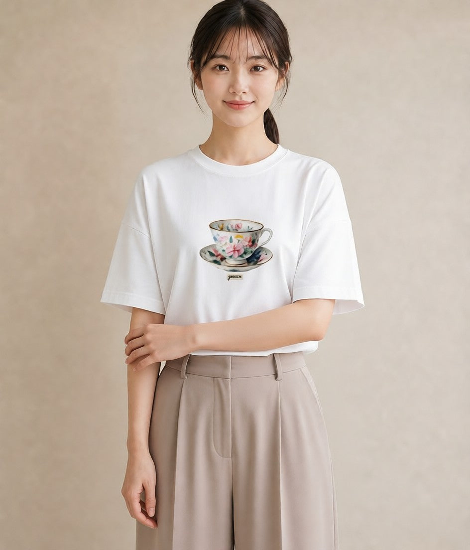 半袖Tシャツ レディース 紅茶 食べ物 フード イラスト きれいめ 女子会 お揃い 白T