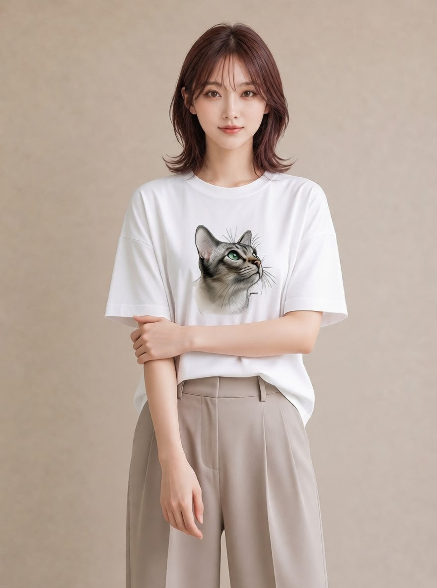デザインTシャツ レディース アメリカンショートヘア 猫 ねこ イラスト こなれ感 秋コーデ おしゃれギフト 白T