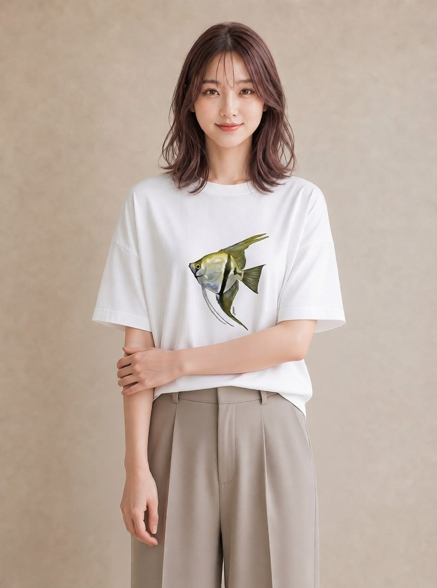 プリントTシャツ レディース 熱帯魚 海の生き物 海 イラスト 韓国風 買い物 夏コーデ 白T