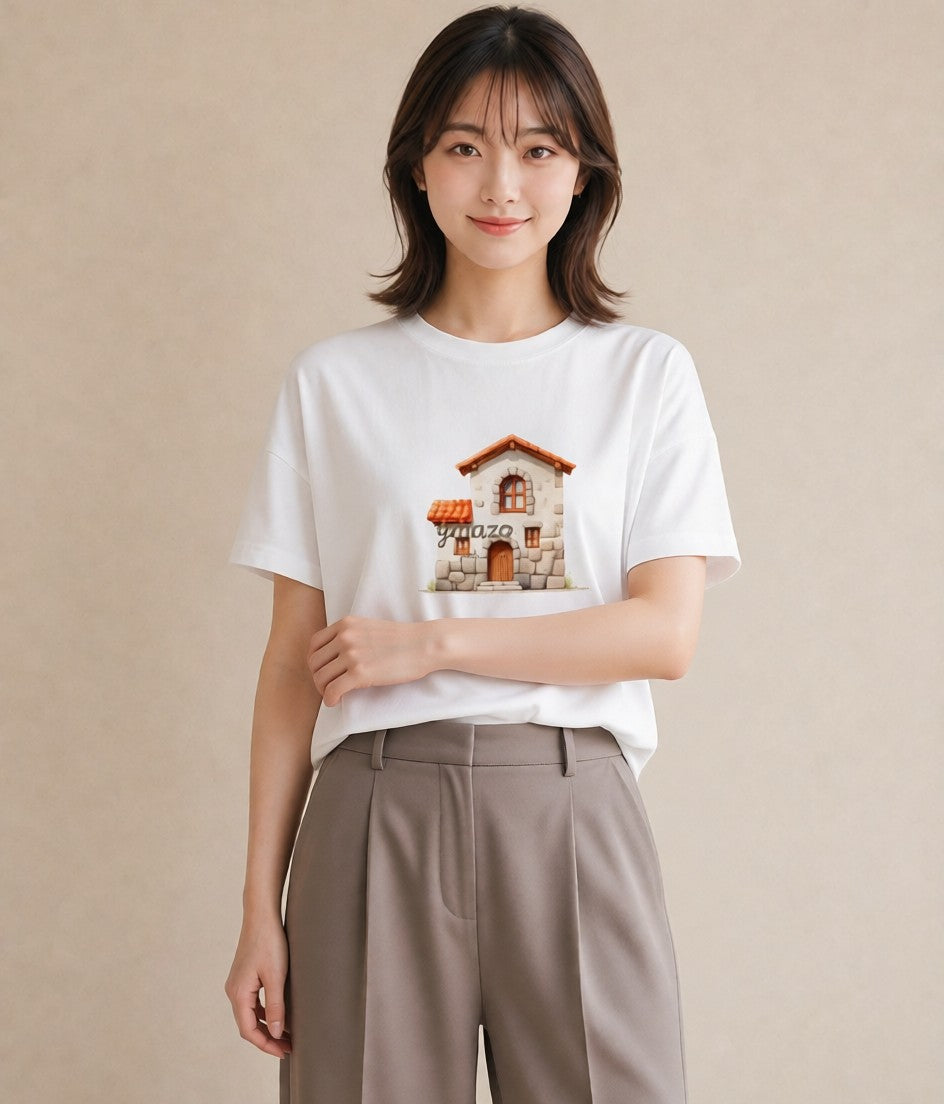 半袖Tシャツ レディース 湖畔の小屋 湖 小屋 ナチュラル アンティーク イラスト ボタニカル ミセス 春コーデ 白T