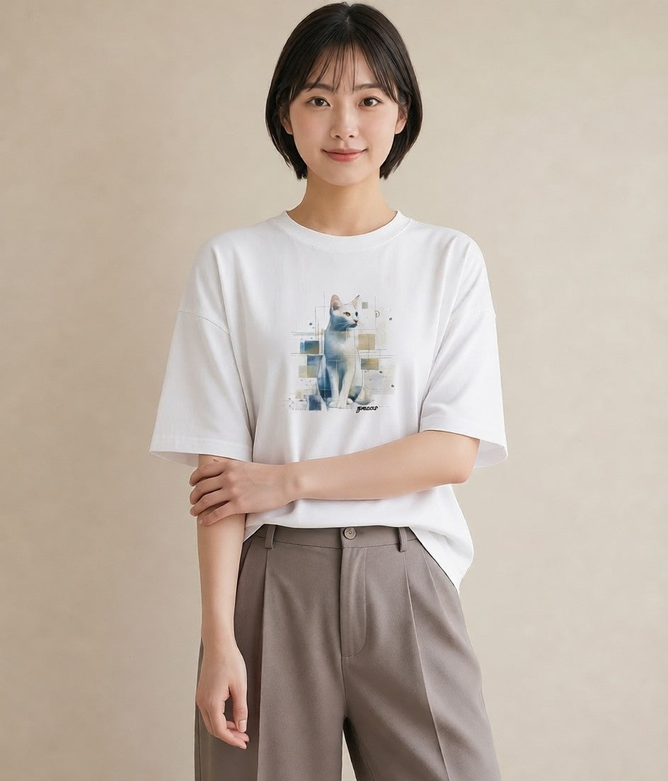 Tシャツ レディース ロシアンブルー 猫 ねこ イラスト ラフカジュアル 女性 旅行用 白T