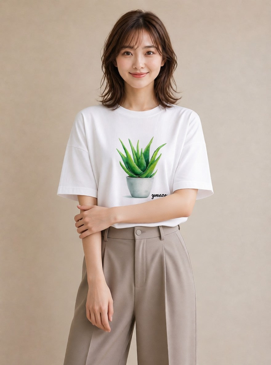 プリントTシャツ レディース サボテン 植物 ボタニカル イラスト カフェコーデ 夏コーデ 通学 白T