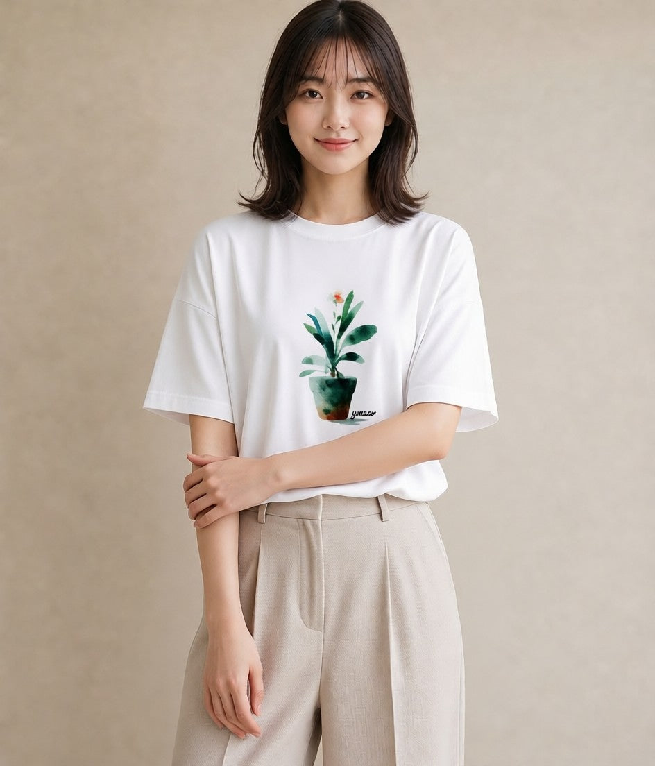 デザインTシャツ レディース 多肉植物 植物 ボタニカル イラスト ニュアンス 散歩 お出かけ 白T