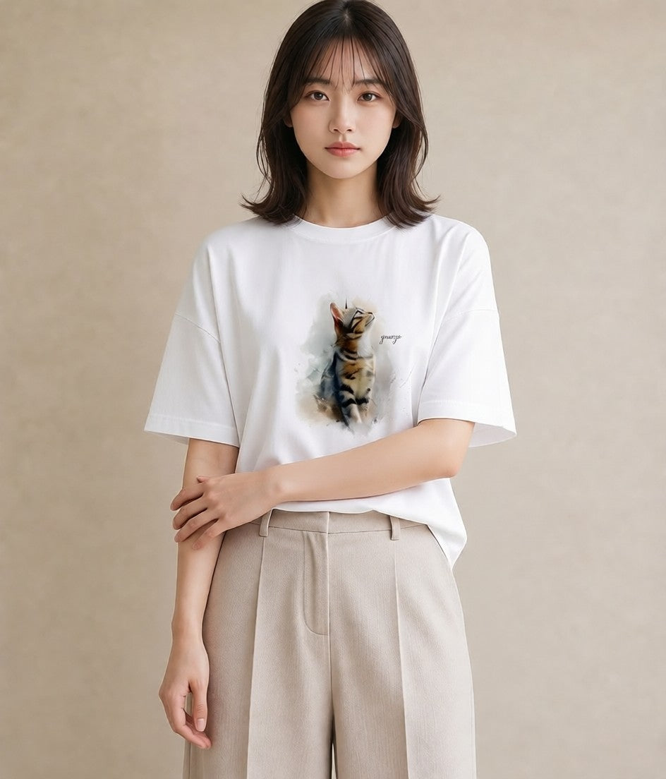 デザインTシャツ レディース メインクーン 猫 ねこ イラスト 韓国風 母の日 ビーチ 白T