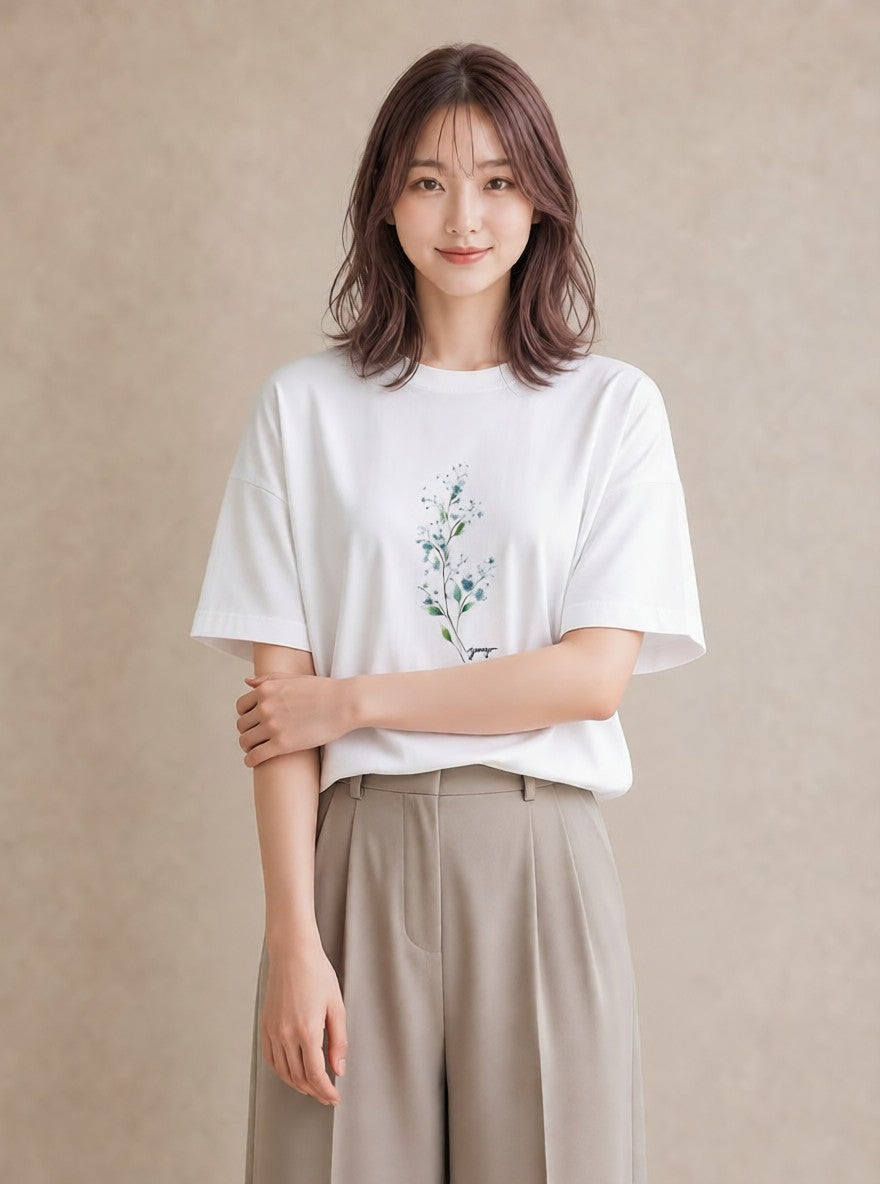 Tシャツ レディース カスミソウ かすみ草 花 花柄 イラスト ゆるコーデ 送別ギフト 通勤 白T