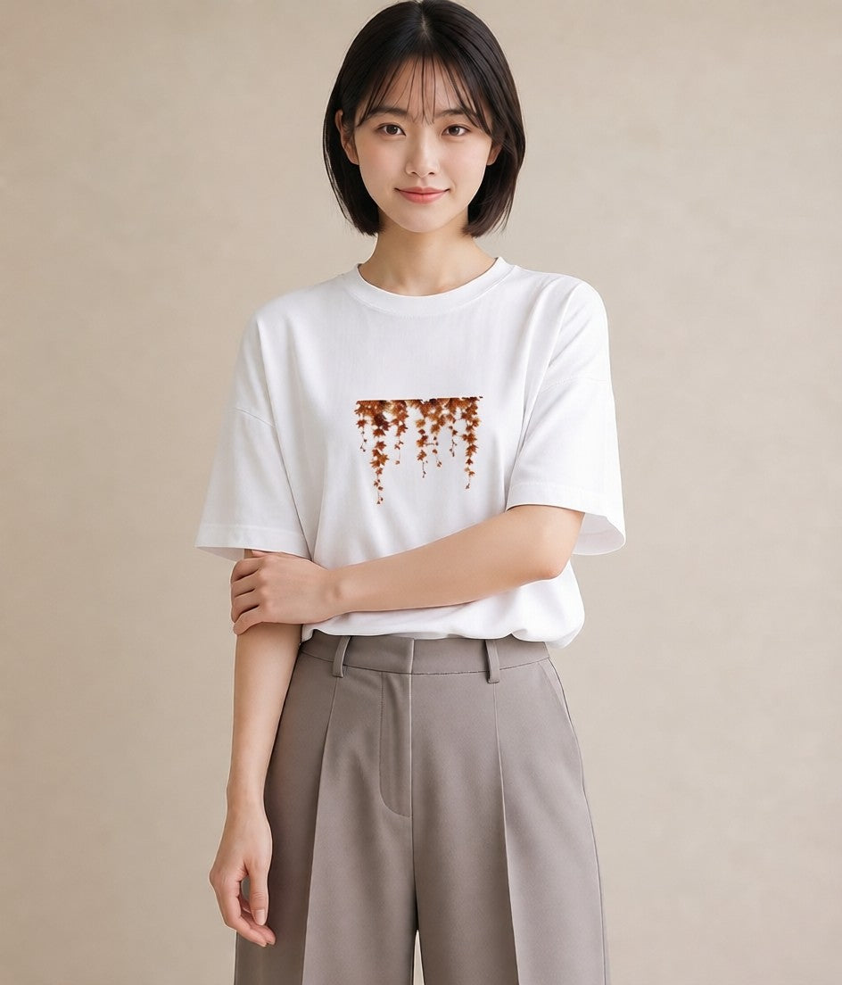 グラフィックTシャツ レディース 落ち葉 植物 ボタニカル イラスト ミニマル おしゃれギフト 社会人 白T