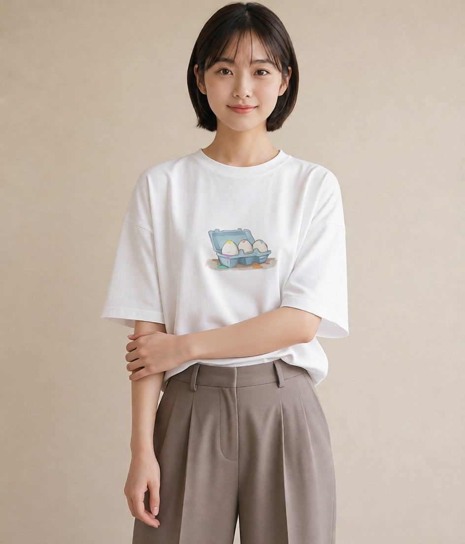 半袖Tシャツ レディース たまご 食べ物 フード イラスト 個性的 敬老の日 ホワイトデー 白T