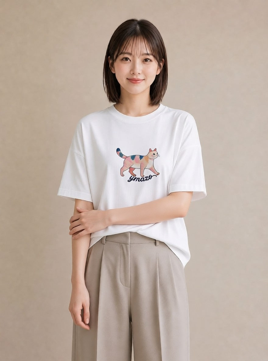 半袖Tシャツ レディース 猫好き 猫 ねこ イラスト レトロ 綿100 デート 白T