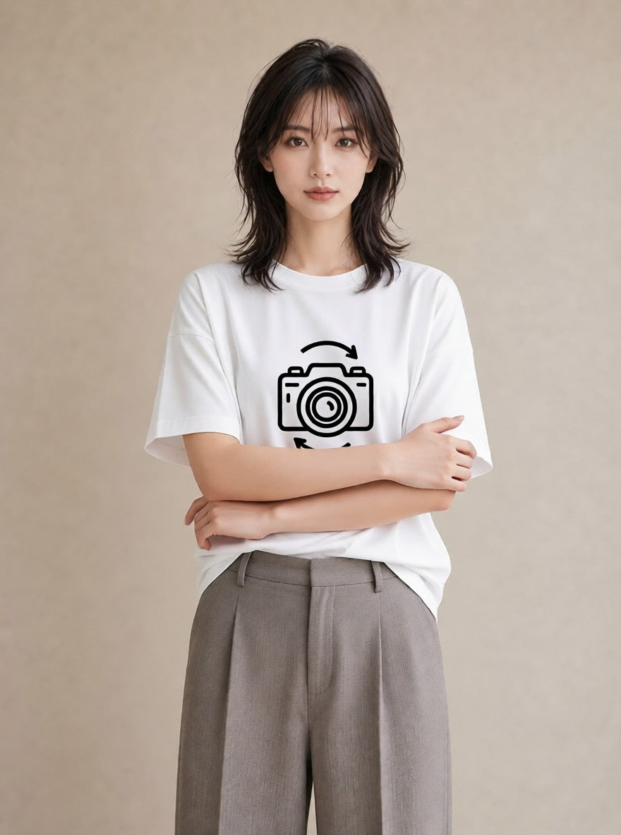 グラフィックTシャツ レディース カメラ フィルムカメラ レトロカメラ イラスト 個性的 海 カフェ巡り 白T