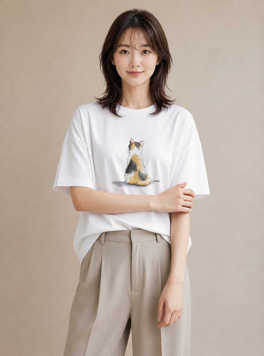 デザインTシャツ レディース サバトラ 猫 ねこ イラスト ゆるコーデ カフェ巡り 女子会 白T