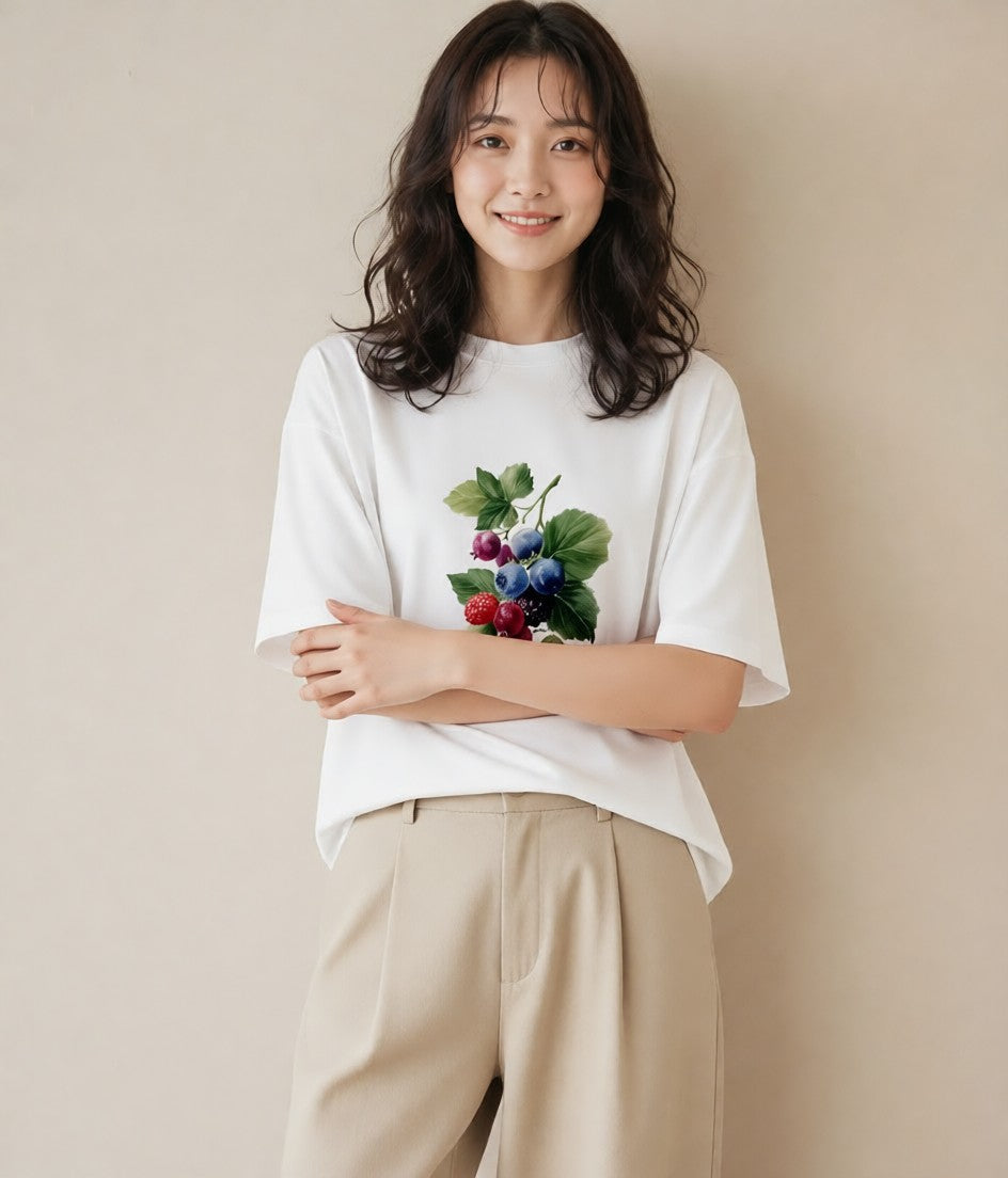 デザインTシャツ レディース ブルーベリー 食べ物 フード イラスト 手描き風 お揃い 親子 白T