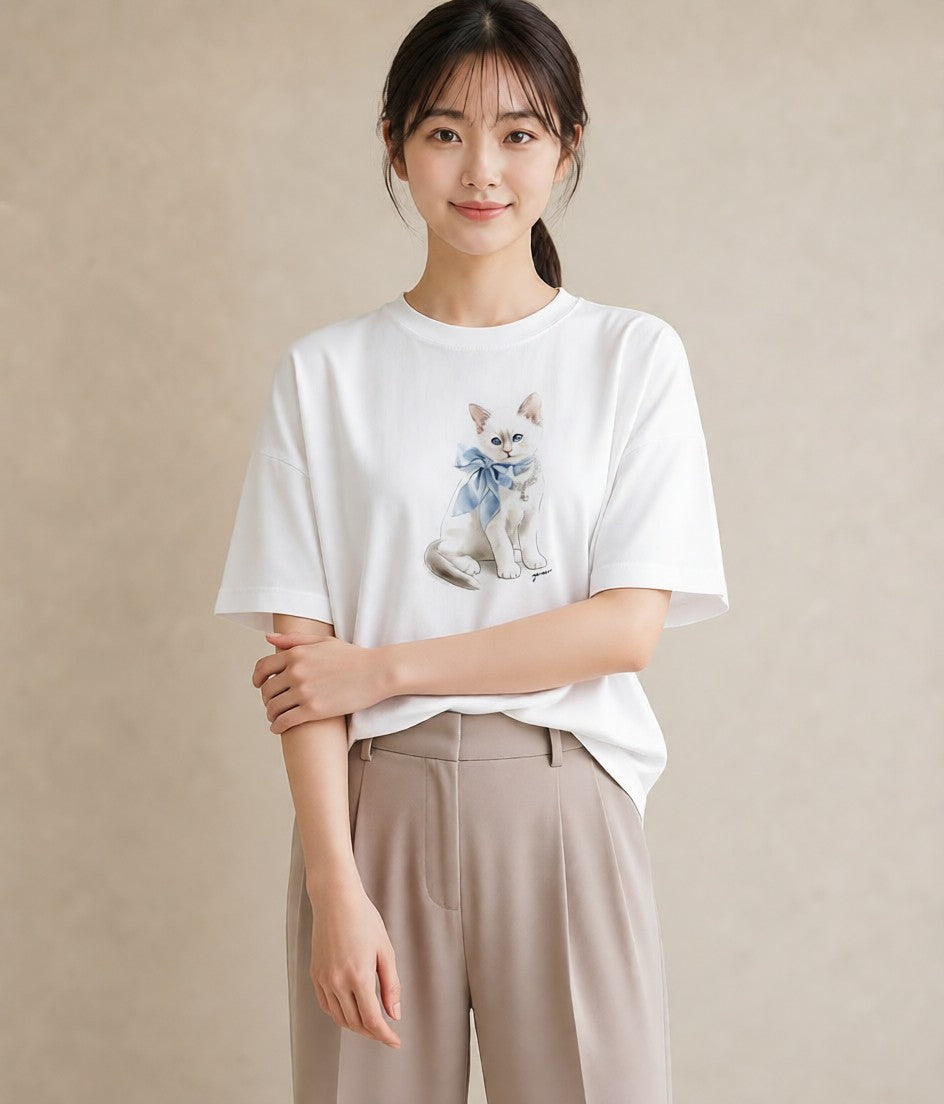 グラフィックTシャツ レディース ロシアンブルー 猫 ねこ イラスト ユニーク ラフ レイヤード 白T