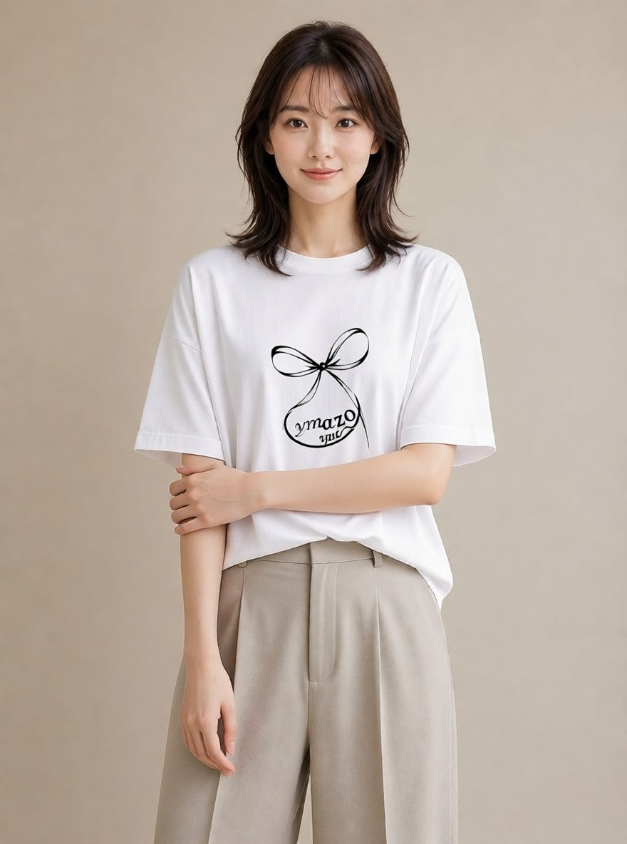 グラフィックTシャツ レディース リボン ボウ りぼん イラスト 個性的 ラフ レイヤード 白T