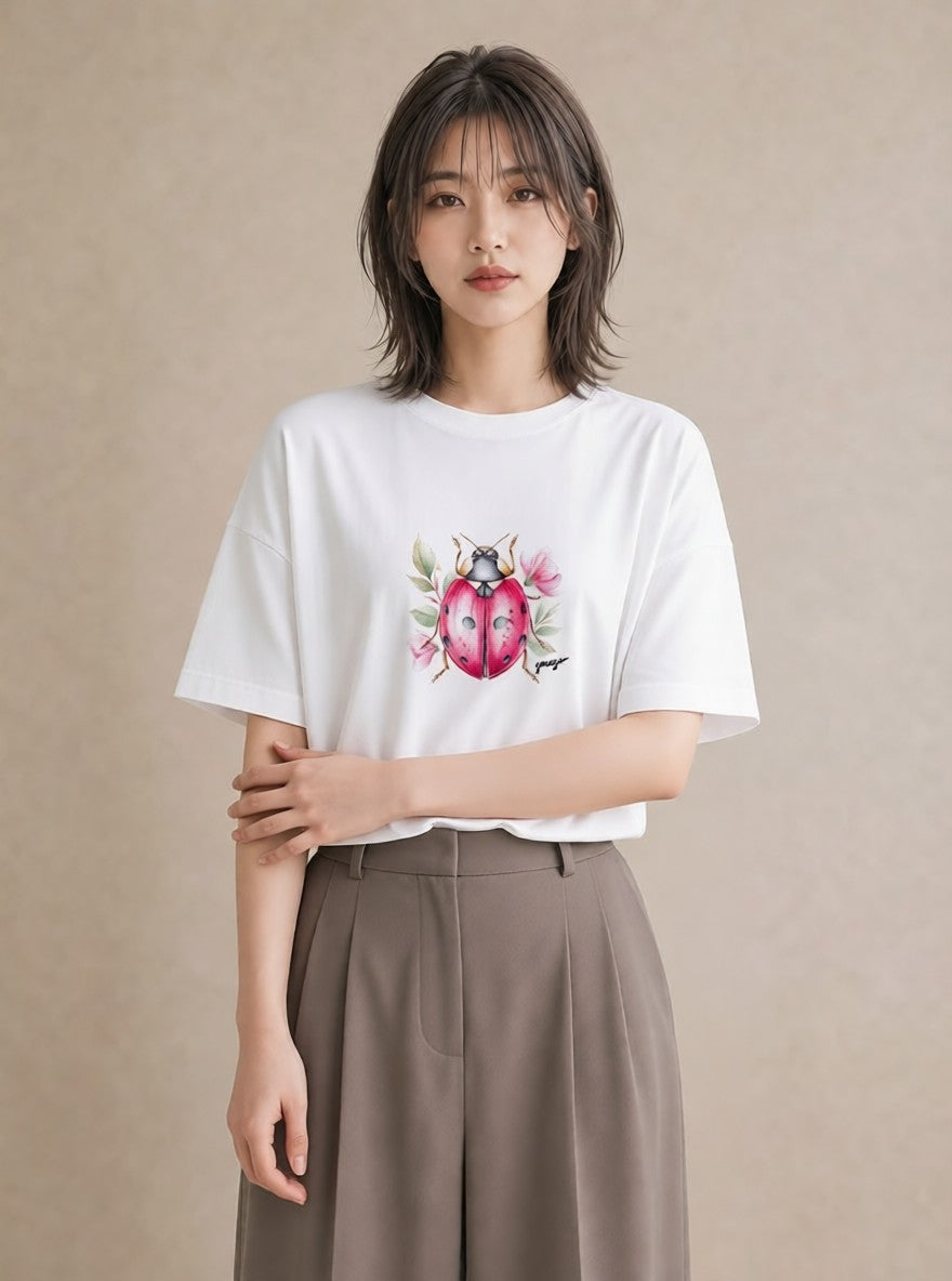 半袖Tシャツ レディース カブトムシ 昆虫 虫 イラスト 韓国風 休日 ペアコーデ 白T
