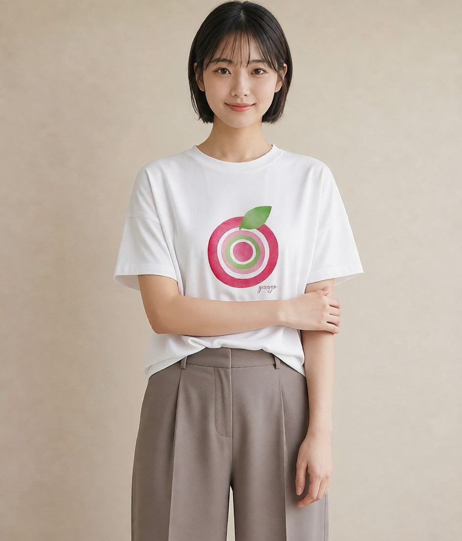 プリントTシャツ レディース りんご 林檎 アップル 食べ物 フード イラスト 韓国風 春服 ミセス 白T