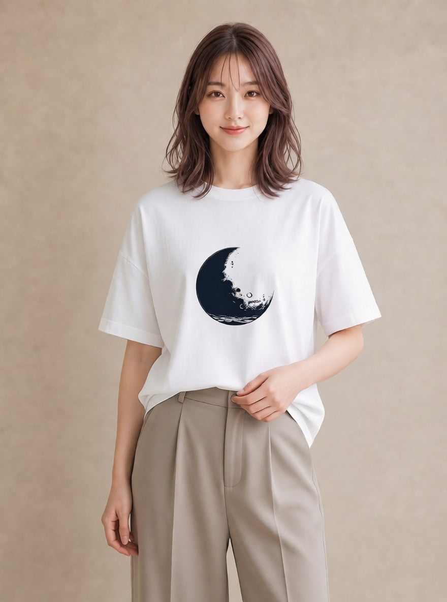 デザインTシャツ レディース 月 星空 宇宙 イラスト 上品 綿100 デート 白T