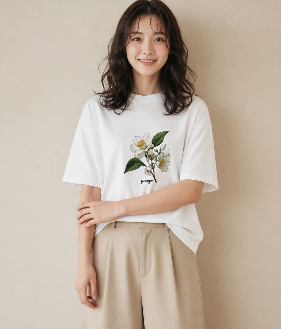 デザインTシャツ レディース 椿 花 花柄 イラスト ポップ 夏コーデ 通学 白T