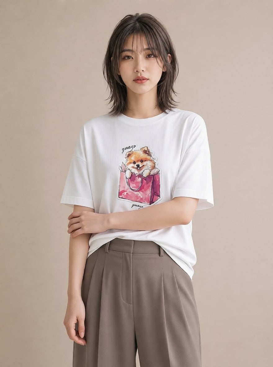 デザインTシャツ レディース ポメラニアン ポメ 犬 いぬ イラスト 北欧風 おしゃれギフト 社会人 白T
