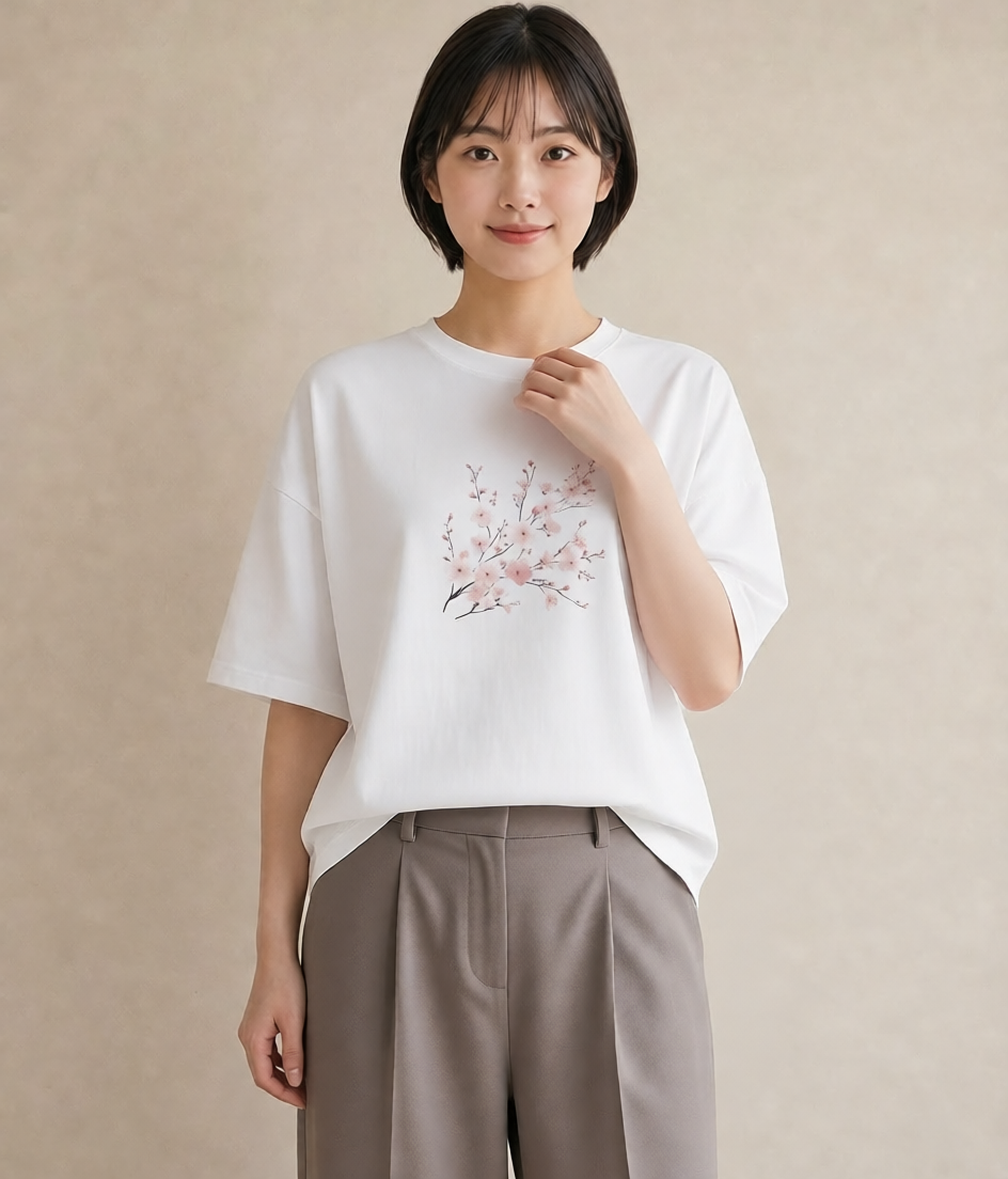 グラフィックTシャツ レディース さくら 桜 サクラ 花 花柄 イラスト 旅行コーデ 買い物 夏コーデ 白T