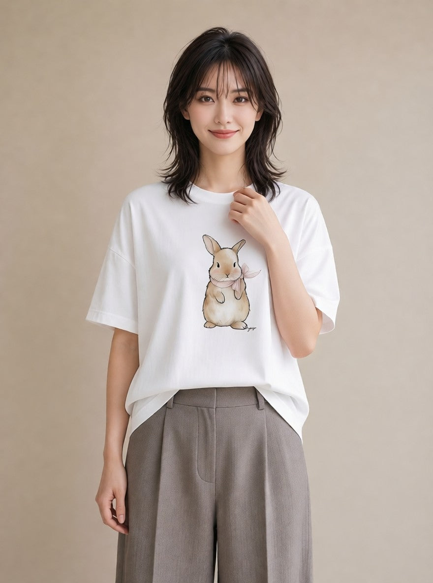 Tシャツ レディース ネザーランドドワーフ ペット 動物 イラスト 抜け感 送別ギフト 通勤 白T