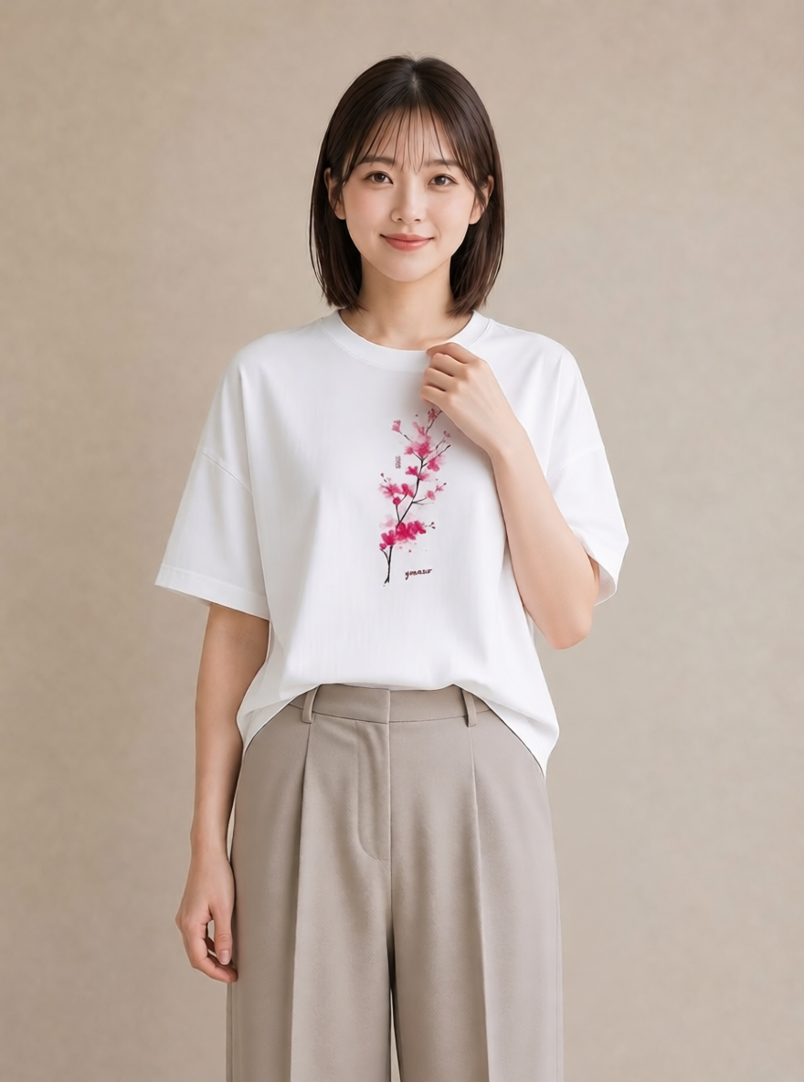 Tシャツ レディース 梅 花 花柄 イラスト レトロ 春服 ミセス 白T