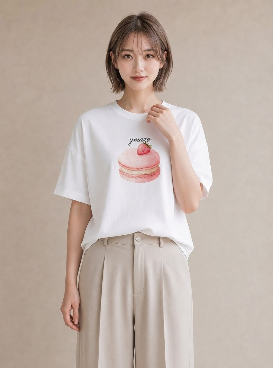 Tシャツ レディース プリン 食べ物 フード イラスト 韓国風 カフェ服 クリスマス 白T