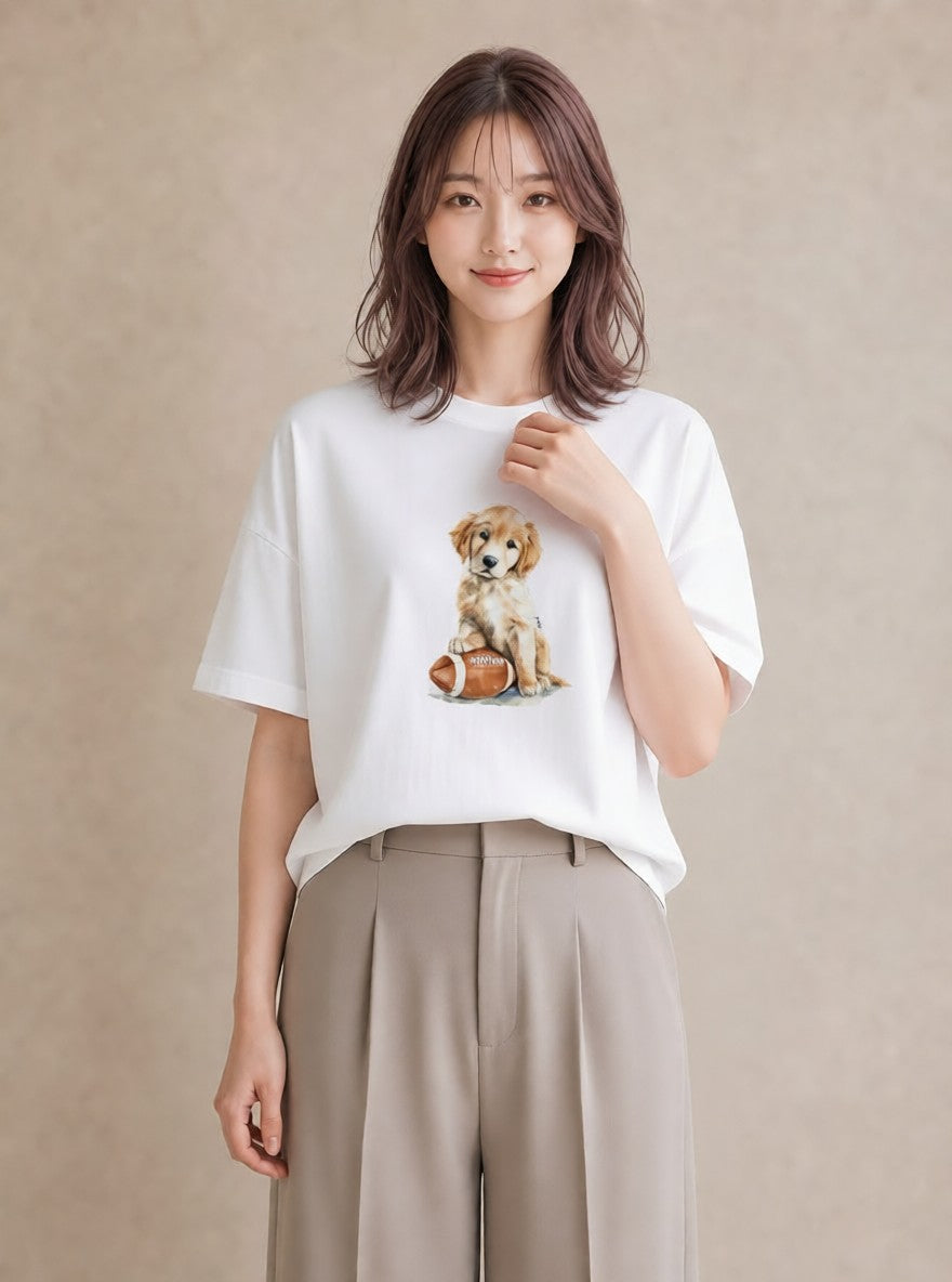 Tシャツ レディース ゴールデンレトリバー ゴールデン 犬 いぬ イラスト 水彩風 カジュアルコーデ 買い物 白T