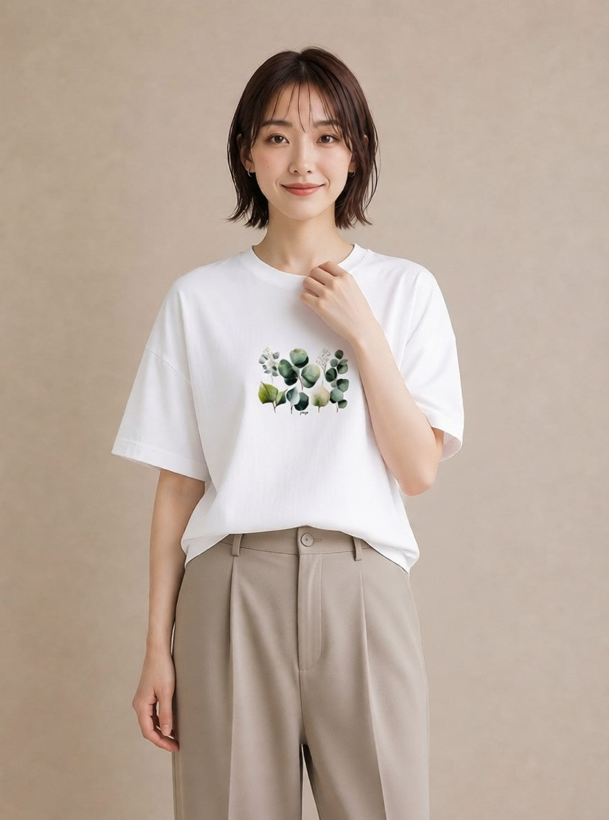 プリントTシャツ レディース ボタニカル 植物 イラスト 水彩風 休日 ペアコーデ 白T