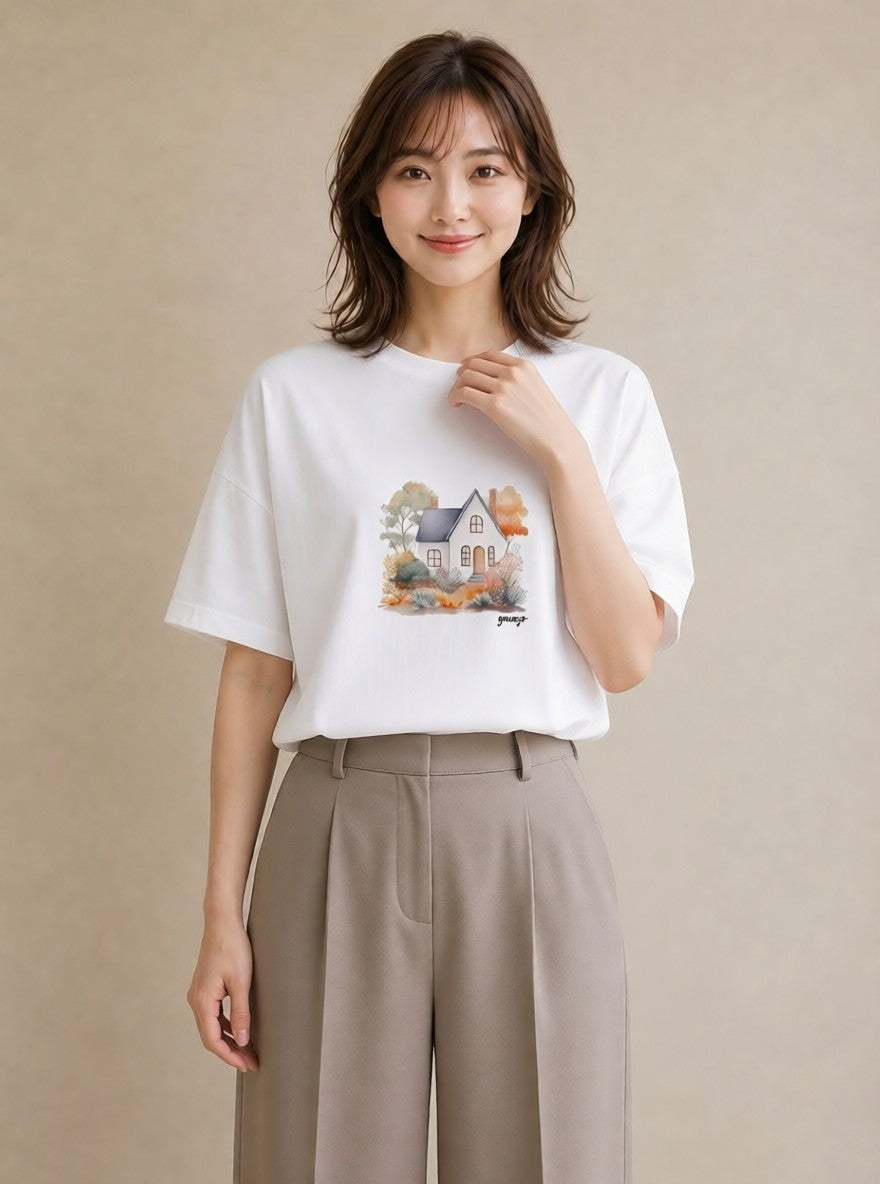 Tシャツ レディース 湖畔の小屋 湖 小屋 ナチュラル アンティーク イラスト アート風 公園 ママ 白T