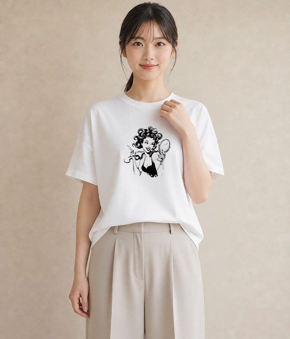 Tシャツ レディース 手鏡 アンティーク レトロ ナチュラル イラスト 北欧風 帰省 ラフ 白T