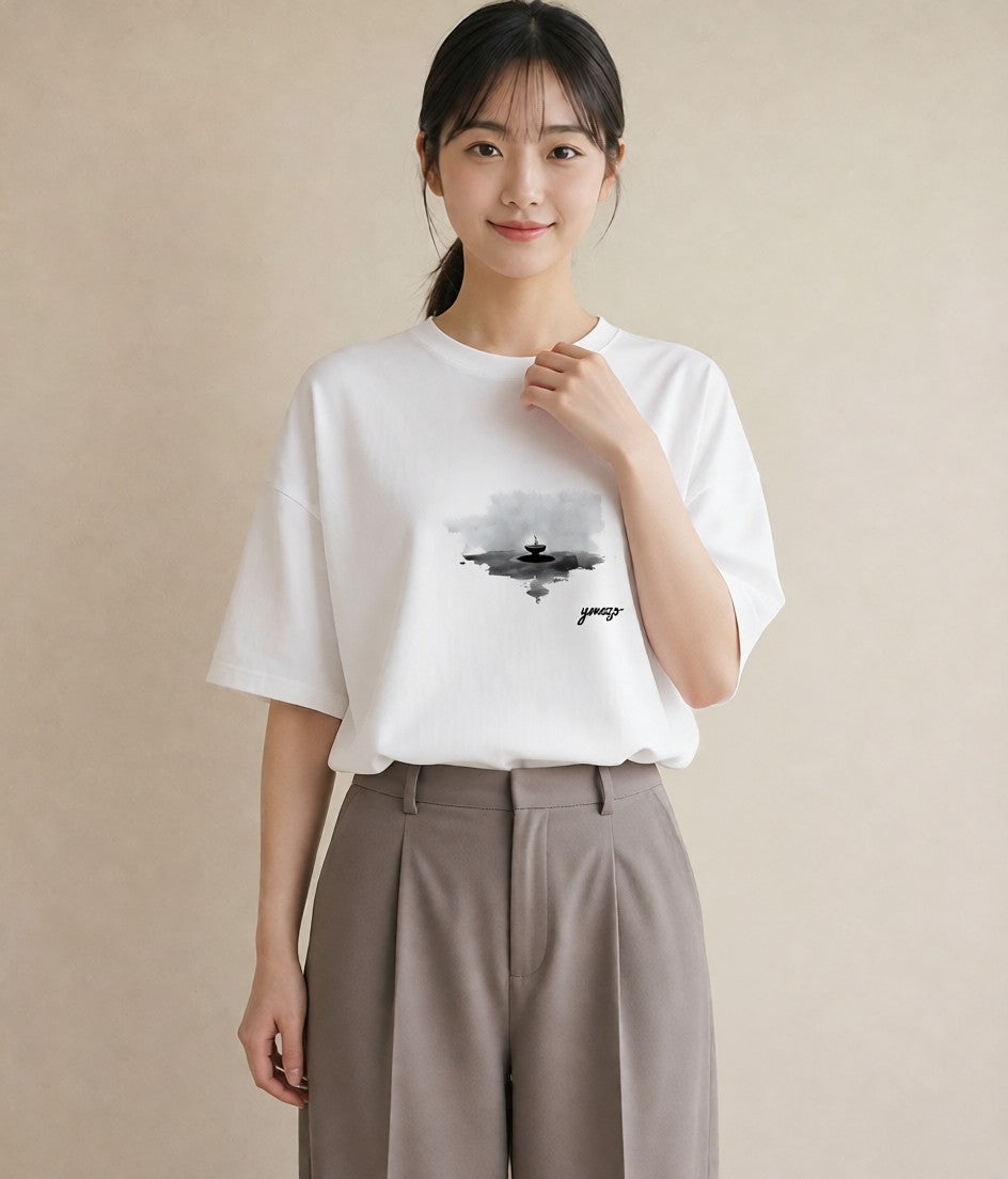 デザインTシャツ レディース 街灯 夜霧 夜 ナチュラル アンティーク イラスト ポップ ママ カフェ服 白T