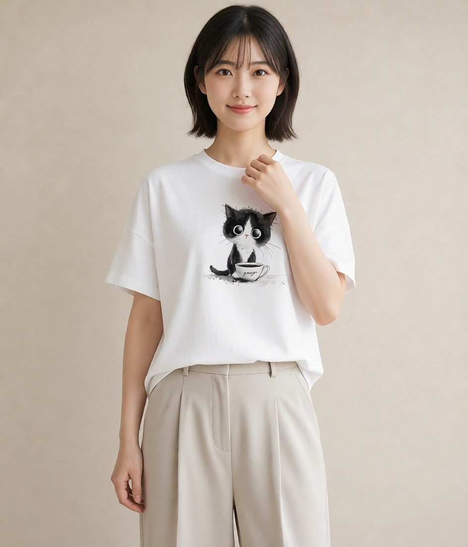 半袖Tシャツ レディース ハチワレ 白黒猫 猫 ねこ イラスト 抜け感 週末コーデ 敬老の日 白T