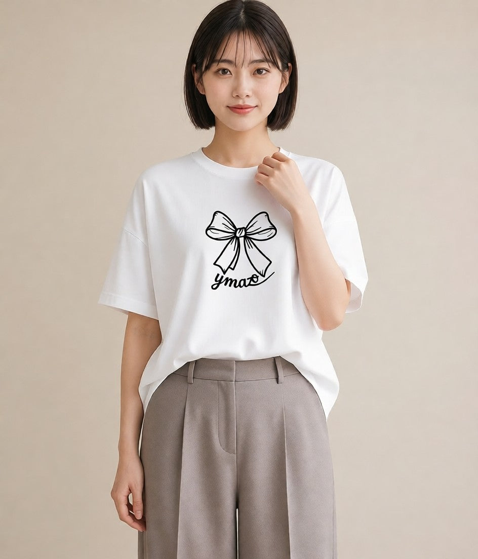 半袖Tシャツ レディース リボン ボウ りぼん イラスト 旅行コーデ ルームウェア ギフト 白T