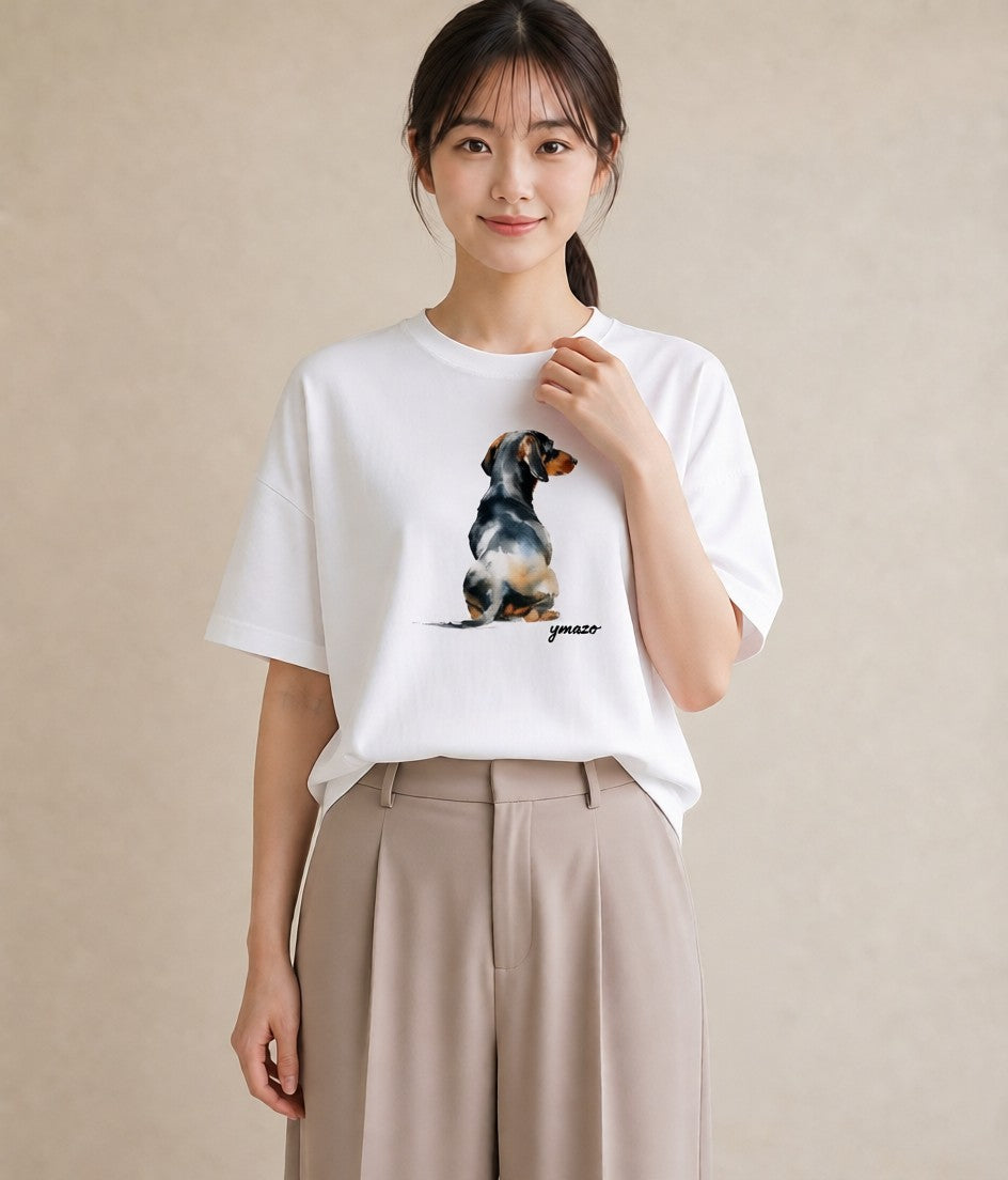 デザインTシャツ レディース ミニチュアダックスフンド 犬 いぬ イラスト フェミニン 通学 誕生日プレゼント 白T
