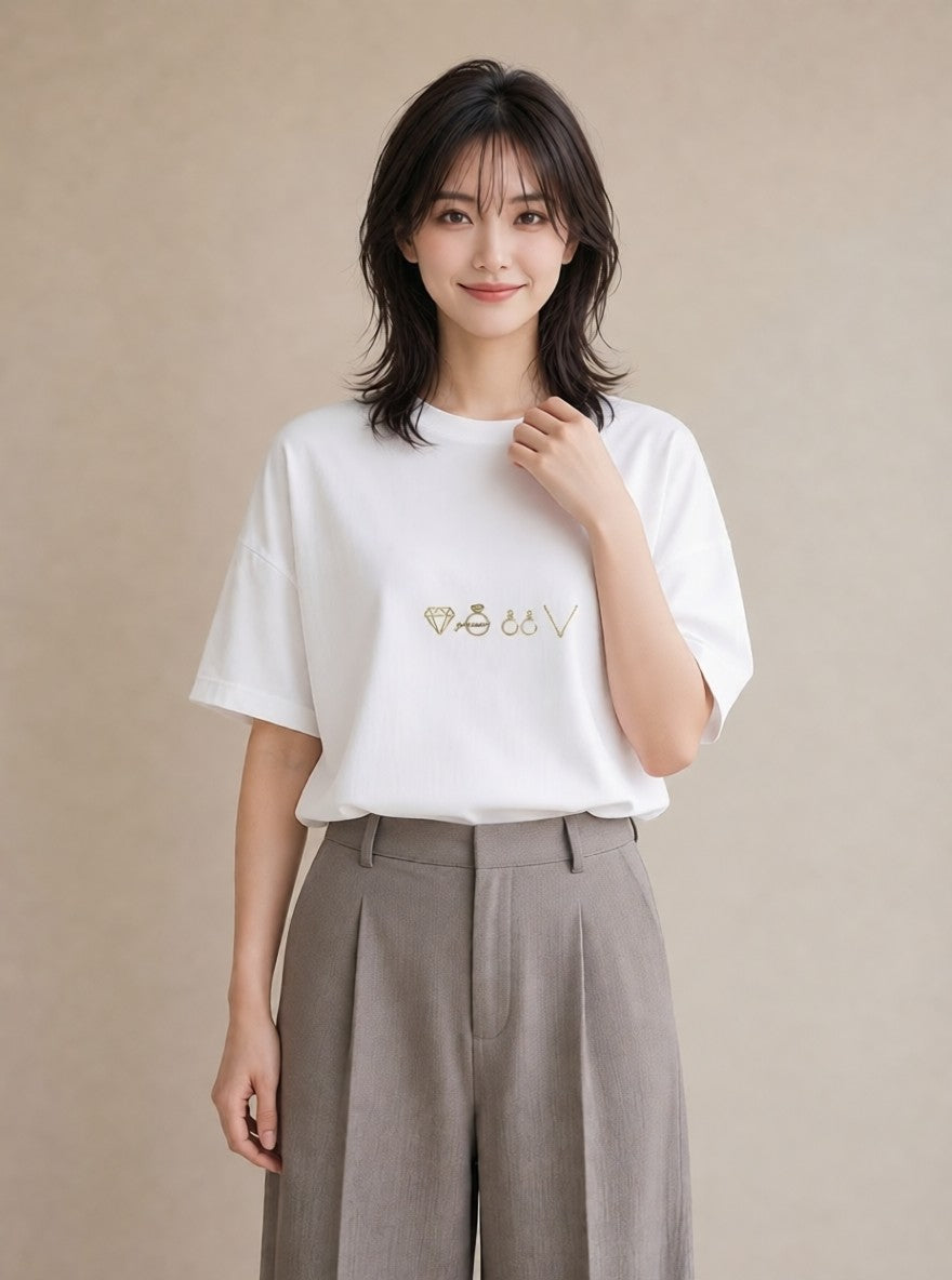 Tシャツ レディース パールピアス アクセサリー ナチュラル アンティーク イラスト アート風 誕生日プレゼント 綿100 白T