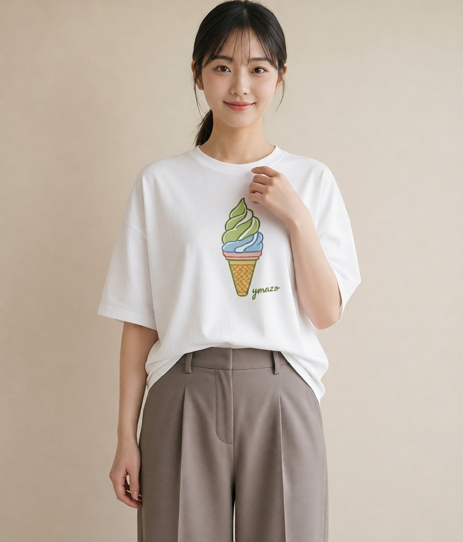 プリントTシャツ レディース アイス 食べ物 フード イラスト フェミニン 買い物 夏コーデ 白T