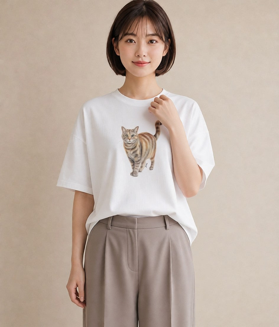 プリントTシャツ レディース スコティッシュフォールド 猫 ねこ イラスト 北欧風 カジュアルコーデ 買い物 白T
