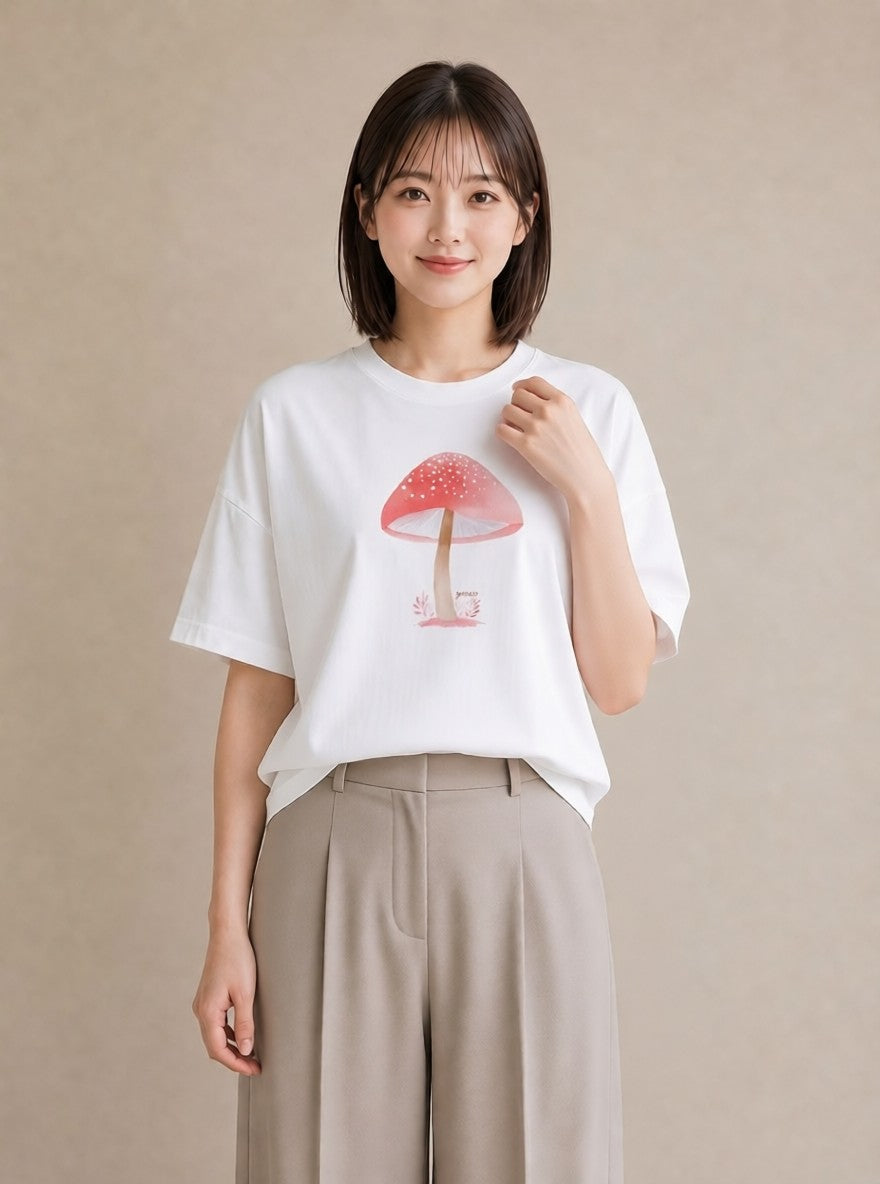プリントTシャツ レディース きのこ 植物 ボタニカル イラスト ユニーク 母の日 ビーチ 白T