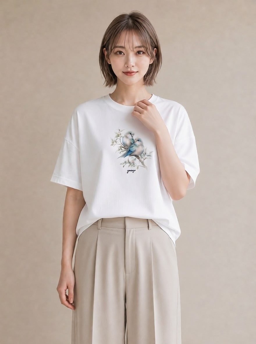 グラフィックTシャツ レディース コザクラインコ ペット 動物 イラスト カフェコーデ デート 帰省 白T