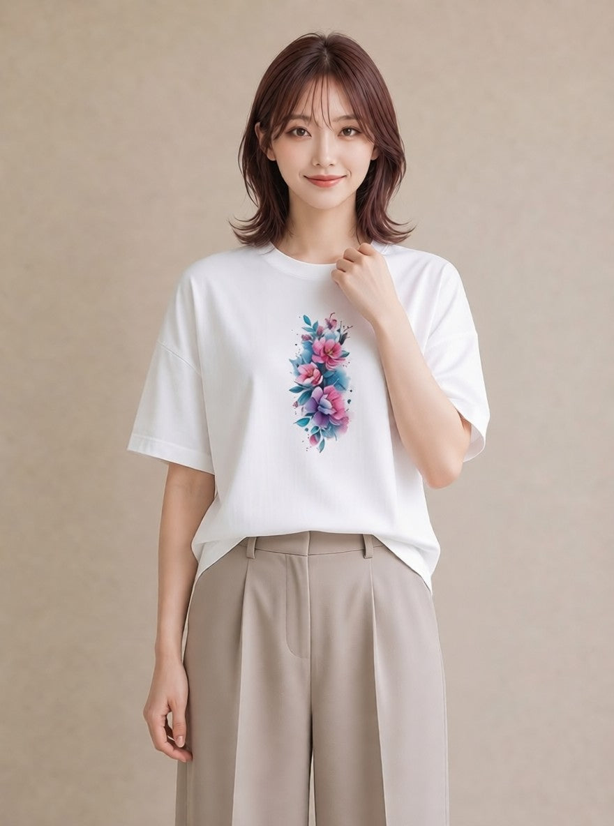 グラフィックTシャツ レディース 牡丹 花 花柄 イラスト ボタニカル 買い物 夏コーデ 白T