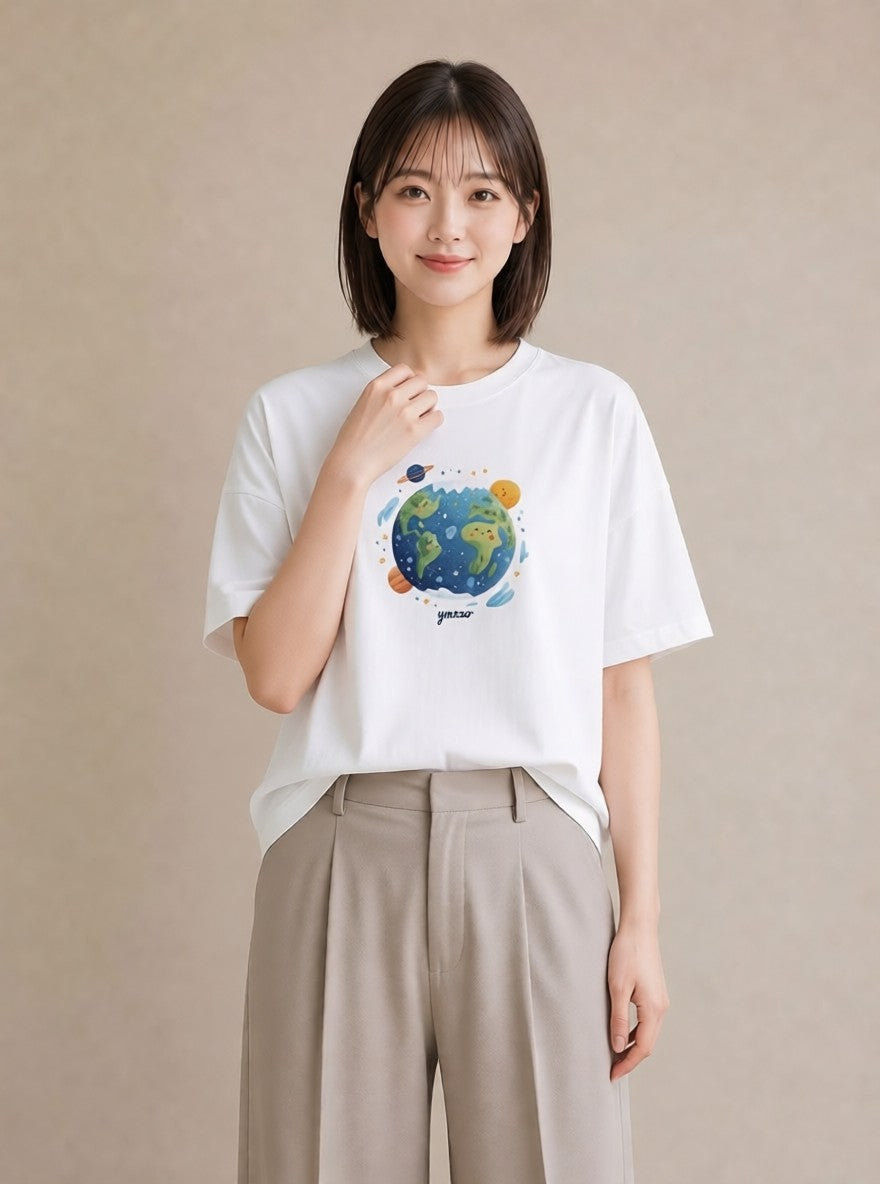 デザインTシャツ レディース プラネット 星空 宇宙 イラスト 抜け感 母の日 ビーチ 白T